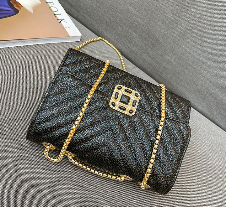 Quilted Chain Cross Bag - Black